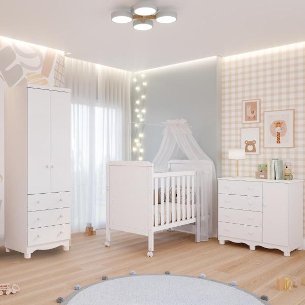 Imagem de Quarto de Bebê Completo Berço Americano Cloe 2 em 1 Guarda Roupas 2 Portas Cômoda Junior 100% MDF