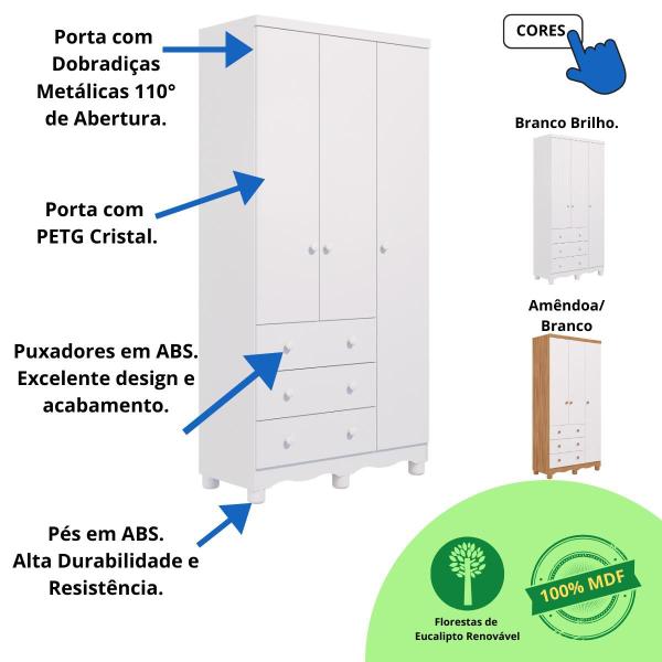 Imagem de Quarto de Bebê Completo Berço Americano Cloe 2 em 1 Guarda Roupas 3 Portas 3 Gavetas Junior 100% MDF