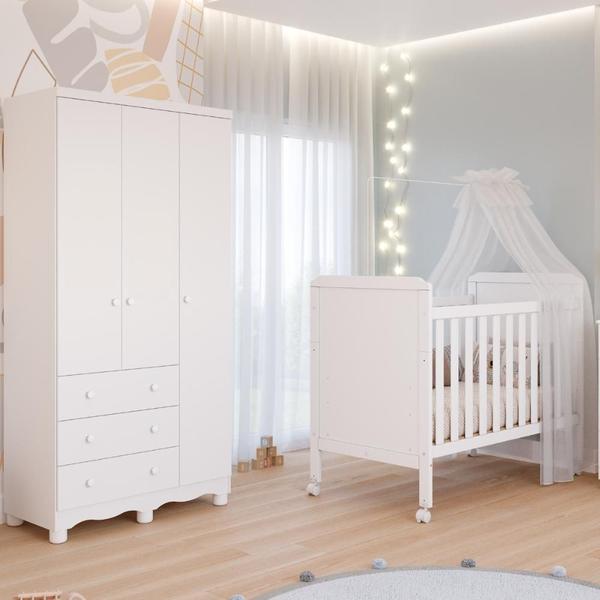 Imagem de Quarto de Bebê Completo Berço Americano Cloe 2 em 1 Guarda Roupas 3 Portas 3 Gavetas Junior 100% MDF