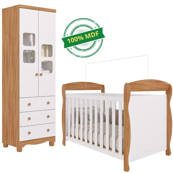 Imagem de Quarto de Bebê Completo Berço Americano Marquesa 3 Em 1 Guarda Roupa Uli 2 Portas 3 Gavetas Branco Carvalho 100% MDF Móveis Peroba