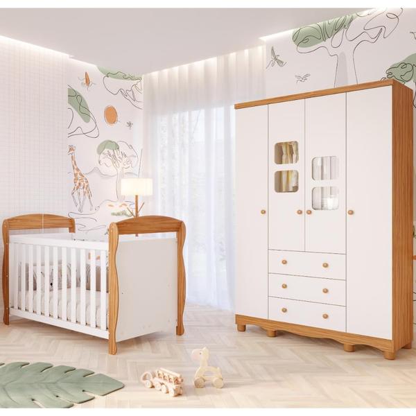 Imagem de Quarto de Bebê Completo Berço Americano Marquesa 3 Em 1 Guarda Roupa Uli 4 Portas 3 Gavetas Branco Carvalho 100% MDF Móveis Peroba