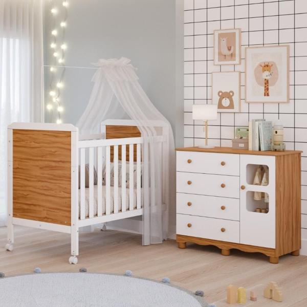 Imagem de Quarto de Bebê Completo Berço Americano Mini Cama Cloe 2 Em 1 Cômoda Uli 4 Gavetas 1 Porta 100%MDF Móveis Peroba