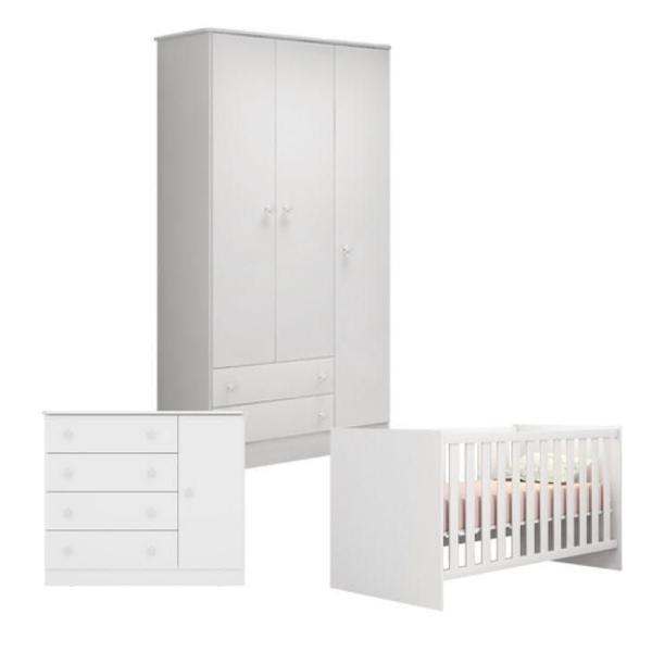 Imagem de Quarto de Bebê Completo Berço Guarda Roupa Cômoda Doce Sonho Branco Qmovi