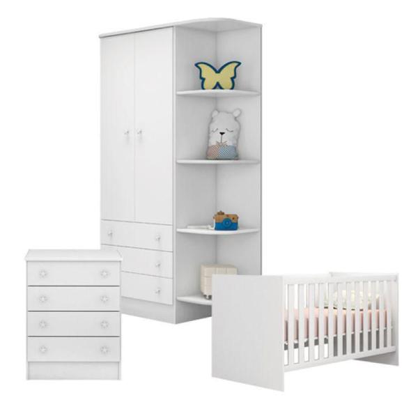 Imagem de Quarto de Bebê Completo Berço Guarda Roupa Cômoda Doce Sonho Branco Qmovi