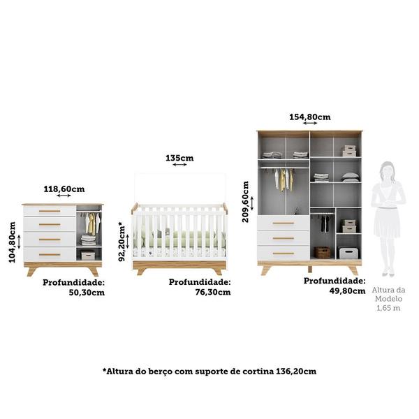 Imagem de Quarto De Bebê Completo Berço Guarda-Roupa E Cômoda Lisa Retrô MDF Móveis Peroba