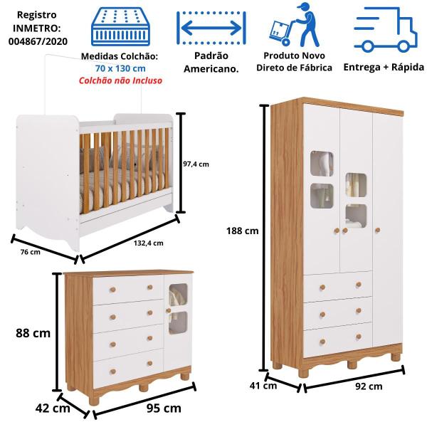 Quarto de Bebê Completo com Berço Americano Ben 3 Em 1 Guarda Roupa 3 Portas e Cômoda Uli 4 Gavetas 100%MDF Móveis Peroba Imagem de Quarto de Bebê Completo com Berço Americano Ben 3 Em 1 Guarda Roupa 3 Portas e Cômoda Uli 4 Gavetas 100%MDF Móveis Peroba