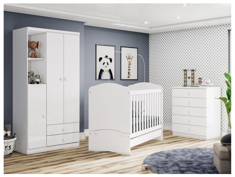 Quarto de Bebê Completo com Berço Cômoda e Guarda-roupa Henn Bala de Menta Branco Quarto de Bebê Completo com Berço Cômoda e Guarda-roupa Henn Bala de Menta Branco