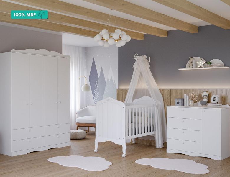 Imagem de Quarto de Bebê Completo com Berço Mini Cama Harmonia, Cômoda 1 porta e Guarda roupa 4 Portas Encanto Permobili Branco