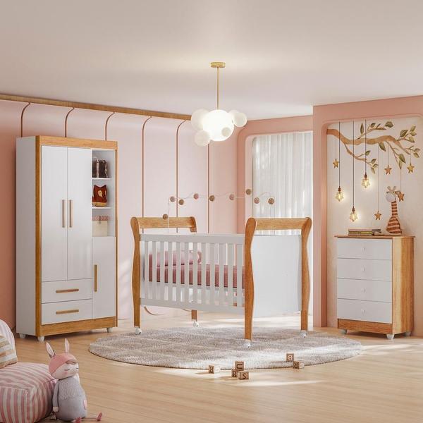 Imagem de Quarto de Bebê Completo com Cômoda Berço com Colchão e Guarda Roupa Zara Branco e Amadeirado