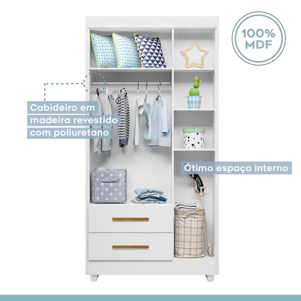 Imagem de Quarto de Bebê Completo com Cômoda Berço com Colchão e Guarda Roupa Zara Branco e Amadeirado