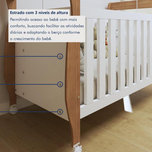 Quarto de Bebê Completo com Cômoda, Berço com Colchão e Guarda Roupas Mia Branco/Amadeirado - Tigus Baby Imagem de Quarto de Bebê Completo com Cômoda, Berço com Colchão e Guarda Roupas Mia Branco/Amadeirado