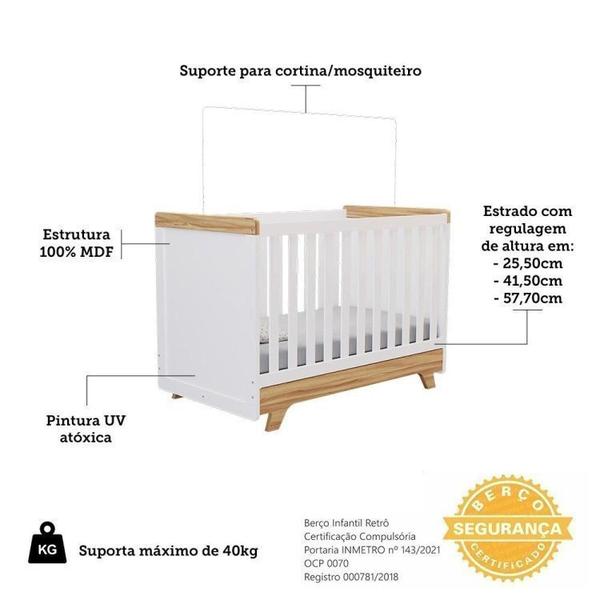 Imagem de Quarto de Bebê Completo com Cômoda Berço e Guarda Roupa 100% Mdf Retrô Kakau Espresso Móveis Branco Brilho/Amêndoa