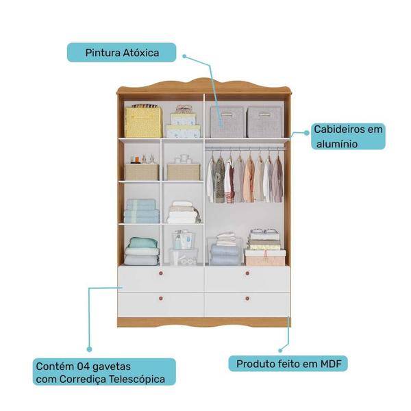 Imagem de Quarto de Bebê Completo com Cômoda e Guarda Roupa 100% MDF Encanto Permóbili Baby Nature/Branco