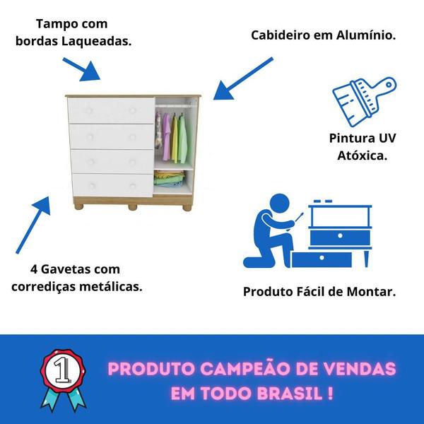 Imagem de Quarto de Bebê Completo com Guarda Roupa 3 Portas Berço Americano Cômoda Uli 4 Gavetas Móveis Peroba