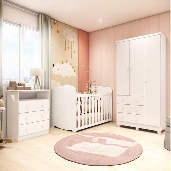 Imagem de Quarto de Bebê Completo com Guarda Roupa 3 Portas Cômoda e Berço Pega-Pega 100% MDF