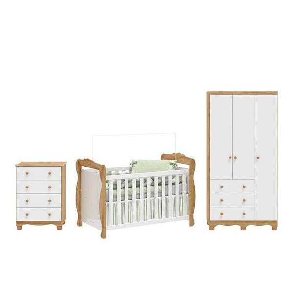 Imagem de Quarto de Bebê Completo com Guarda-roupa 3 Portas e Cômoda e Berço Nina 100% Mdf Espresso Móveis Branco Brilho/Amêndoa