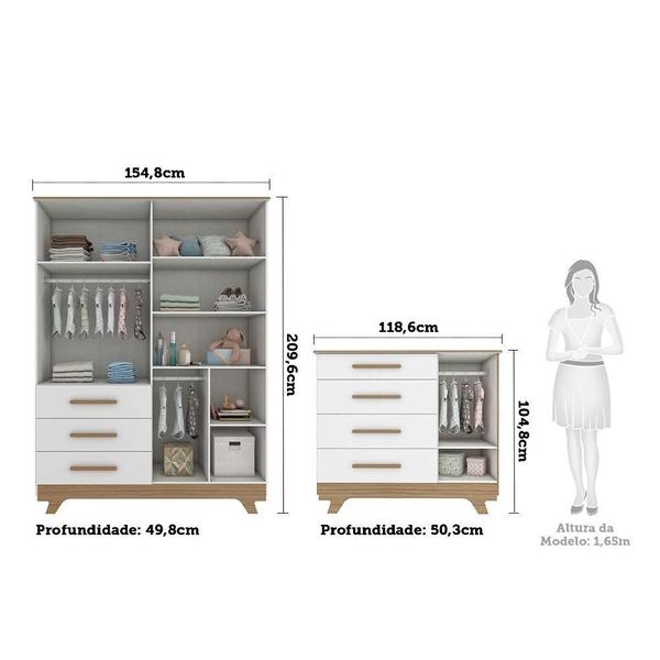 Imagem de Quarto de Bebê Completo com Guarda Roupa com Janela Berço e Cômoda 100% MDF Retrô Kakau Espresso Móveis Branco Brilho/Carvalho