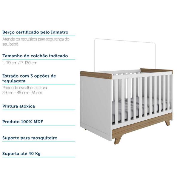 Imagem de Quarto de Bebê Completo com Guarda Roupa com Janela em Acrílico Cômoda e Berço Retrô Moveis Peroba Branco Brilho/Carvalho 