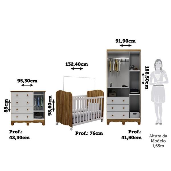 Imagem de Quarto de Bebê Completo com Guarda Roupas 3 Portas Cômoda e Berço com Rodizio 100% Mdf Lana Espresso Branco Brilho/Amêndoa