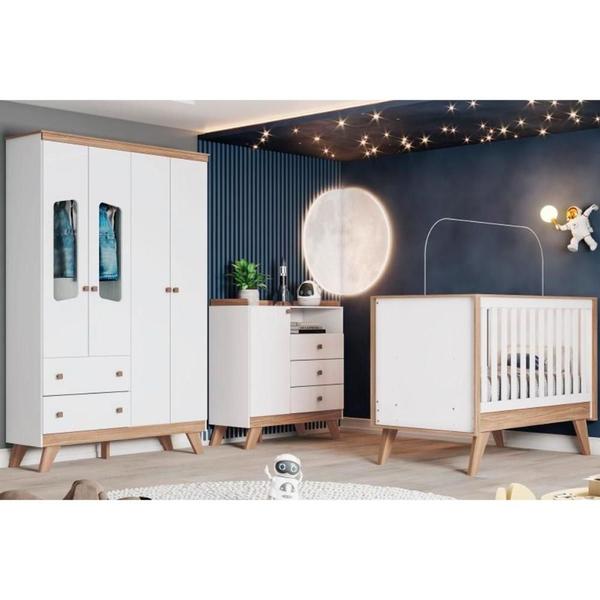 Imagem de Quarto de Bebê Completo Confete 3 Peças (1 Guarda Roupa + 1 Berço + 1 Cômoda) QI57 Branco/Jequitiba - Henn