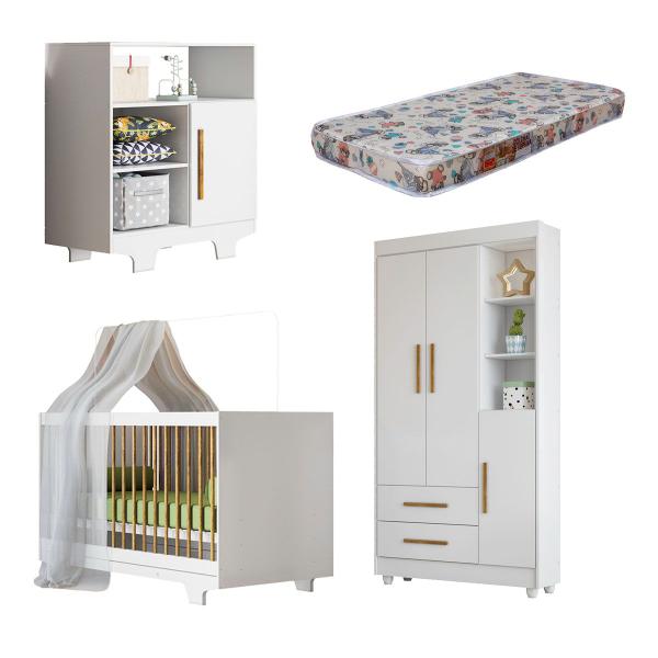 Imagem de Quarto de Bebê Completo Flocos 100% Mdf 4 Portas 2 Gavetas Branco 4103 - Tigus Baby