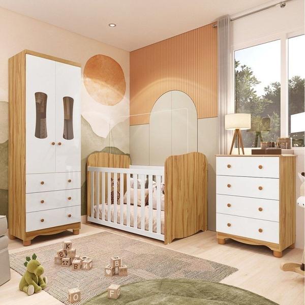 Imagem de Quarto de Bebê Completo Guarda Roupa 2 Portas Janeladas e Cômoda 7 Gavetas e Berço 100% Mdf Lana Branco Brilho/Amêndoa