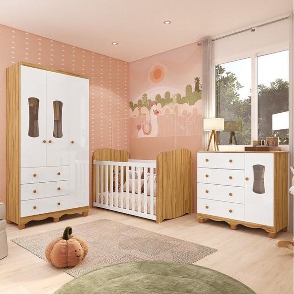 Imagem de Quarto de Bebê Completo Guarda Roupa 3 Portas Cômoda 4 Gavetas e Berço 100% Mdf Lana Espresso Móveis Branco Brilho/Amêndoa