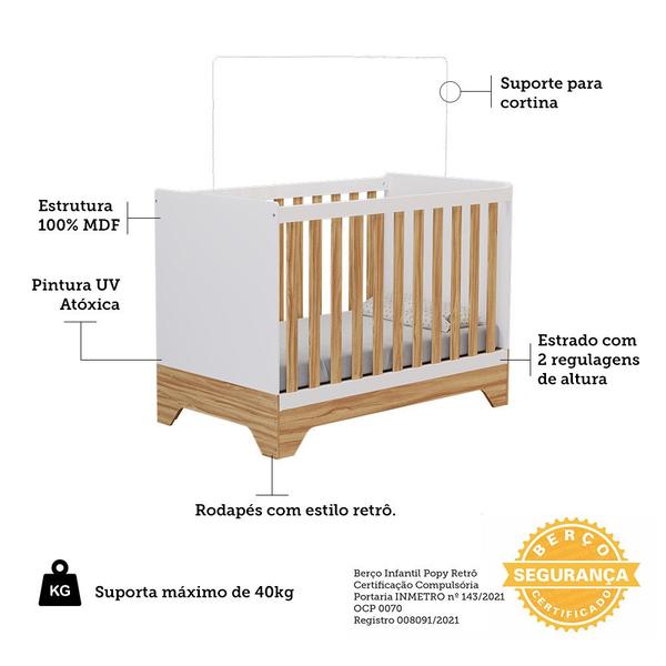 Imagem de Quarto de Bebê Completo Guarda Roupa e Cômoda com Janela Berço 3 em 1 100 MDF Popy Móveis Peroba