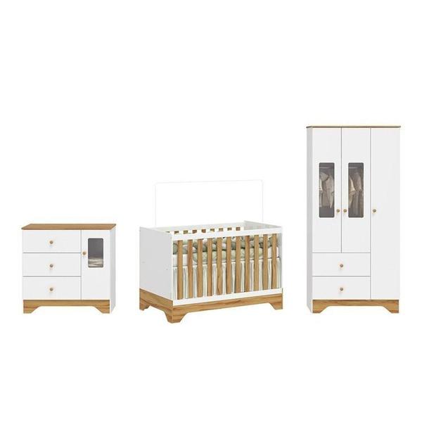 Imagem de Quarto de Bebê Completo Guarda-roupa e Cômoda com Janelas e Berço 100% Mdf Ravy Espresso Móveis Branco Brilho/Amêndoa