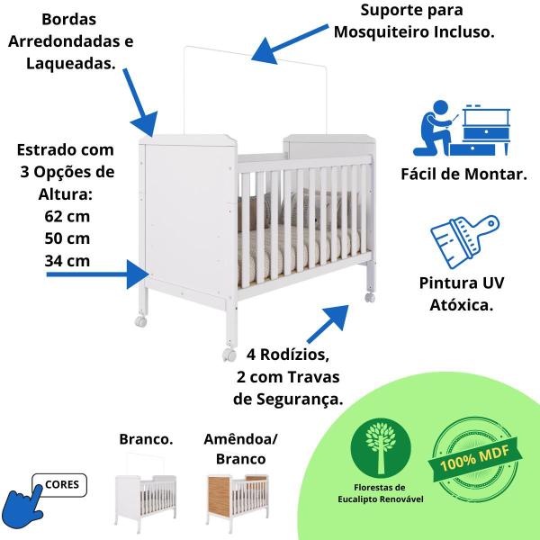 Imagem de Quarto de Bebê Completo Guarda Roupa Uli 3 Portas 3 Gavetas Berço Mini Cama Cloe 2 Em 1 Cômoda Uli 4 Gavetas 1 Porta 100%MDF Móveis Peroba