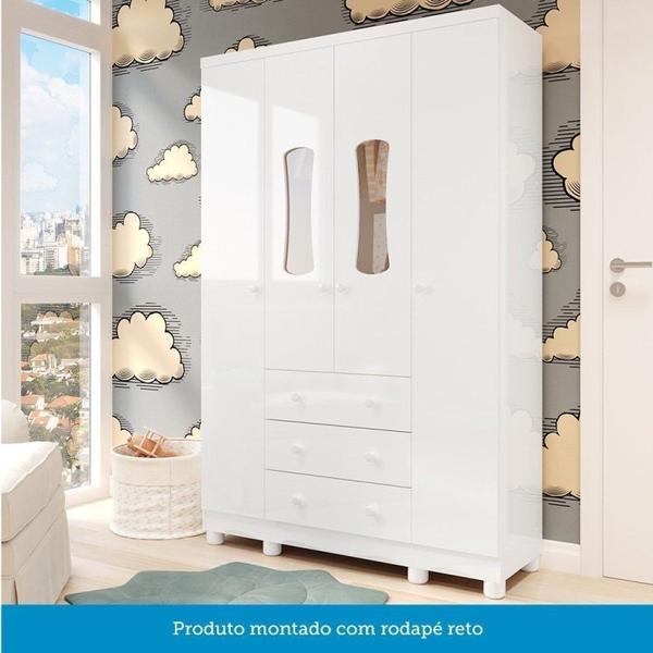 Imagem de Quarto de Bebê Completo Guarda Roupas 4 Portas Janeladas Cômoda com 4 Gavetas e Berço 100% Mdf Lana Branco Brilho