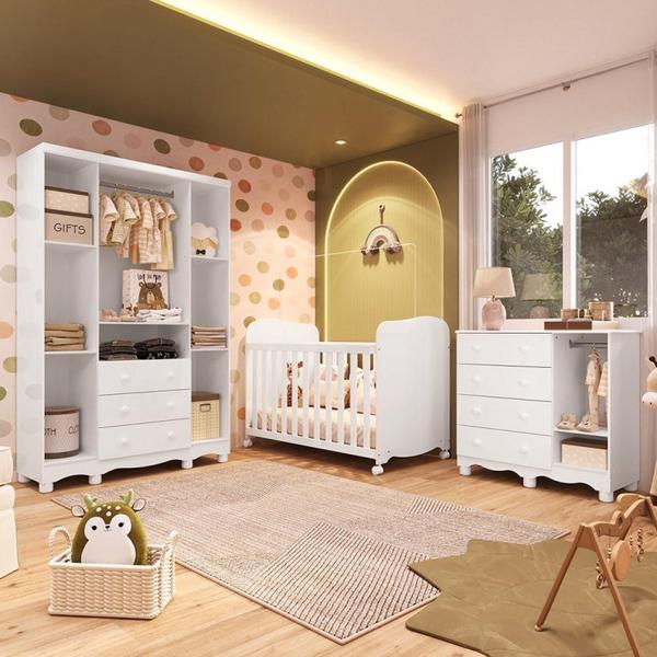 Imagem de Quarto de Bebê Completo Guarda Roupas Cômoda 3 Portas Janeladas e Berço com Rodizio 100% MDF Lana Espresso Móveis Branco Brilho