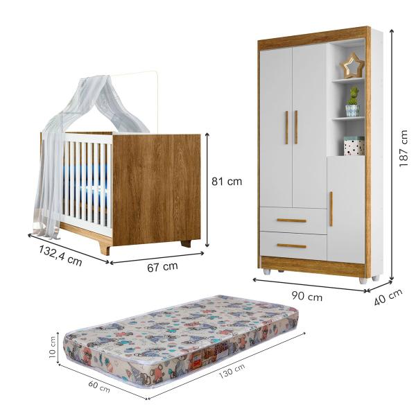 Imagem de Quarto de Bebê Completo Lara 100% Mdf 3 Portas 2 Gavetas Amadeirado/Branco 5354 - Tigus Baby