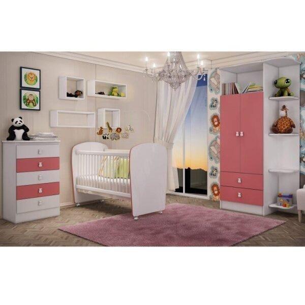 Imagem de Quarto de Bebê Completo Leãozinho com Guarda Roupa 2 Portas, Cômoda e Berço Espresso Móveis Branco/Rosa