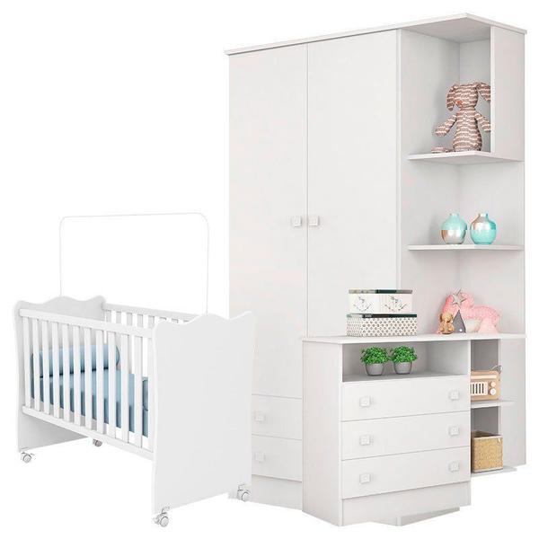 Imagem de Quarto de Bebê Doce Sonho Berço Nacional Guarda Roupa Infantil com Nicho e Cômoda 3 Gavetas Cor Branco Brilho - Qmovi