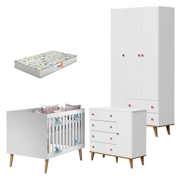 Imagem de Quarto de Bebê Fernanda 3 Portas com Berço Ludmila Branco Acetinado Bétula e Colchão Gazin  Carolina Baby 