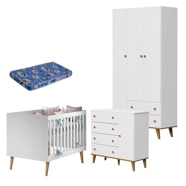 Imagem de Quarto de Bebê Fernanda 3 Portas com Berço Ludmila Branco Acetinado Bétula e Colchão Ortobom   Carolina Baby 