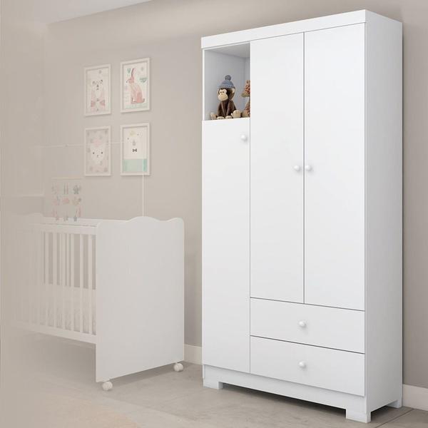 Imagem de Quarto de Bebê Guarda-roupa 3 Portas Cômoda 3 Gavetas 1 Porta Flofy Branco