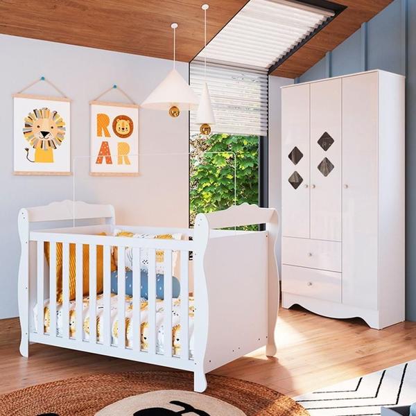 Imagem de Quarto de Bebê Guarda Roupa 3 Portas e Berço Cocada 100% MDF Espresso Móveis Branco Brilho