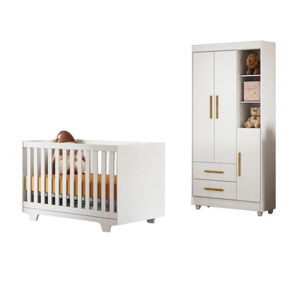 Imagem de Quarto de Bebê Guarda Roupa 3 Portas e Berço Mini Cama 100% MDF com Colchão Nina Branco