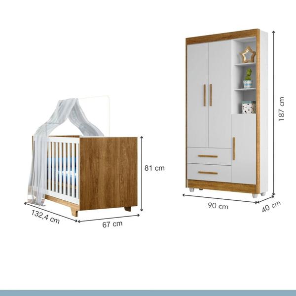 Imagem de Quarto de Bebê Guarda Roupa 3 Portas e Berço Mini Cama 100% MDF Nina Amadeirado/Branco