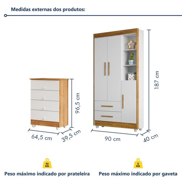 Imagem de Quarto de Bebê Guarda Roupa 3 Portas e Cômoda 100% MDF Nina Amadeirado/Branco