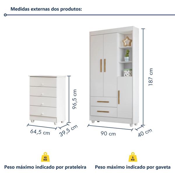 Imagem de Quarto de Bebê Guarda Roupa 3 Portas e Cômoda 100% MDF Nina Branco