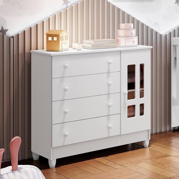 Imagem de Quarto de Bebê Guarda Roupa 4 Portas Cômoda Infantil com Porta Ariel Branco Carolina Baby