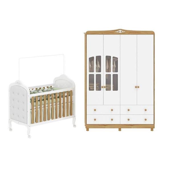 Imagem de Quarto de Bebê Guarda-roupa com Janelas e Berço com Capitonê Maya Clássico 100% Mdf Espresso Móveis Branco Brilho/Amêndoa/Branco