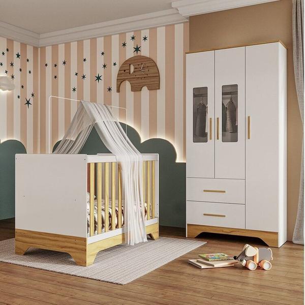 Imagem de Quarto de Bebê Guarda-roupa com Janelas e Berço Minicama 100% Mdf Liam Espresso Móveis Branco Brilho/Amêndoa