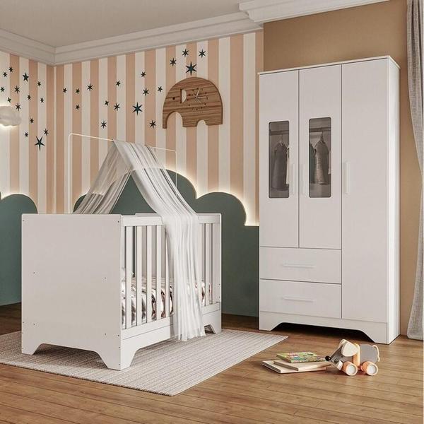 Imagem de Quarto de Bebê Guarda-roupa com Janelas e Berço Minicama 100% Mdf Liam Espresso Móveis Branco Brilho