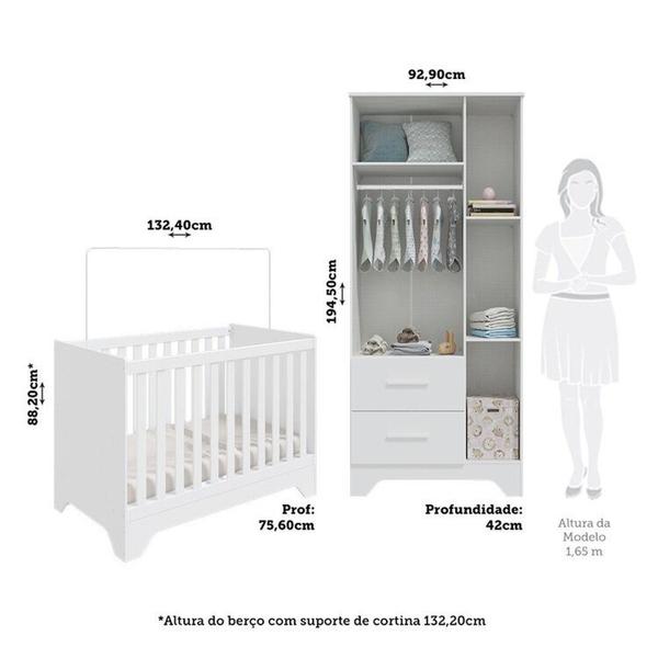 Imagem de Quarto de Bebê Guarda-roupa com Janelas e Berço Minicama 100% Mdf Liam Espresso Móveis Branco Brilho