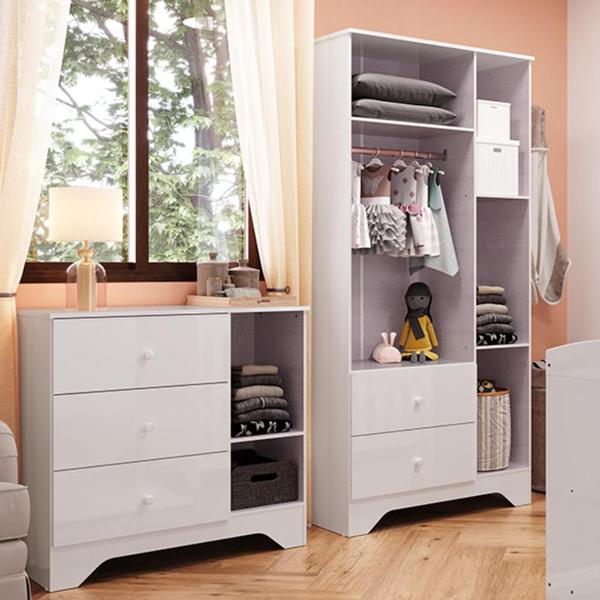 Imagem de Quarto de Bebê Guarda Roupa e Cômoda Peroba MDF Branco