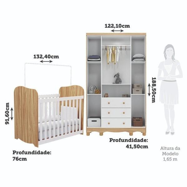 Imagem de Quarto de Bebê Guarda Roupas 4 Portas com 3 Gavetas e Berço 100% Mdf Lana Branco Brilho/Amêndoa